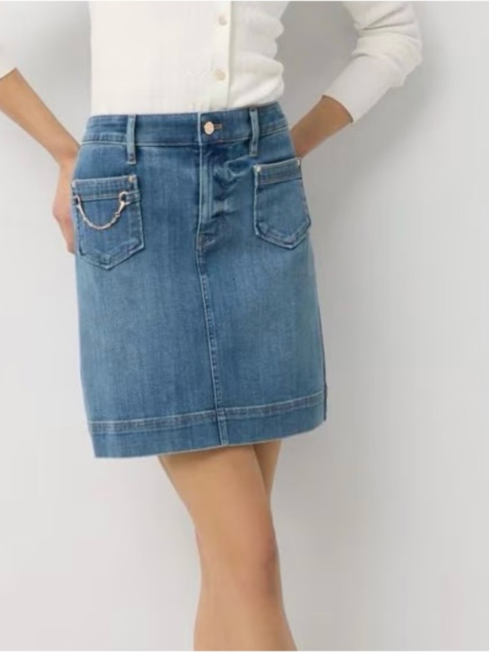 White House Black Market Light Blue Denim Skirt with Chain Pocket Accent